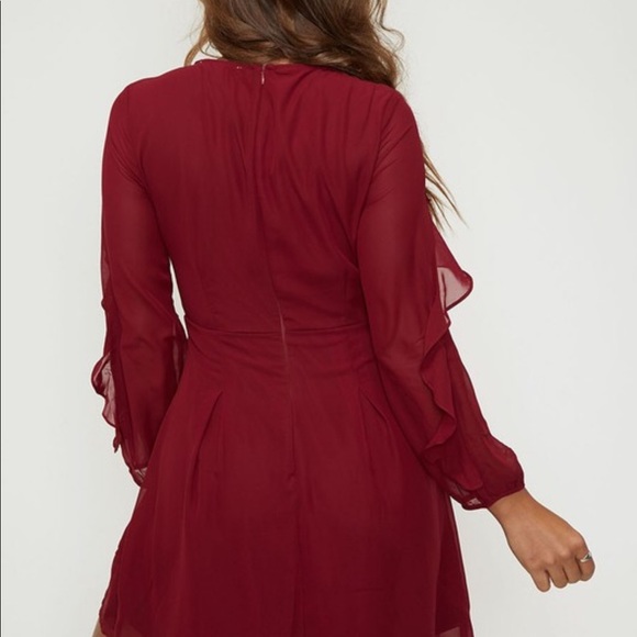 Burgundy Long Sleeve Ruffled Detail Dress - Picture 6 of 6